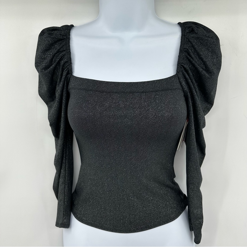 Nordstrom Open Edit Black Metallic Puff Long Sleeve Top Size XXS New with Tag